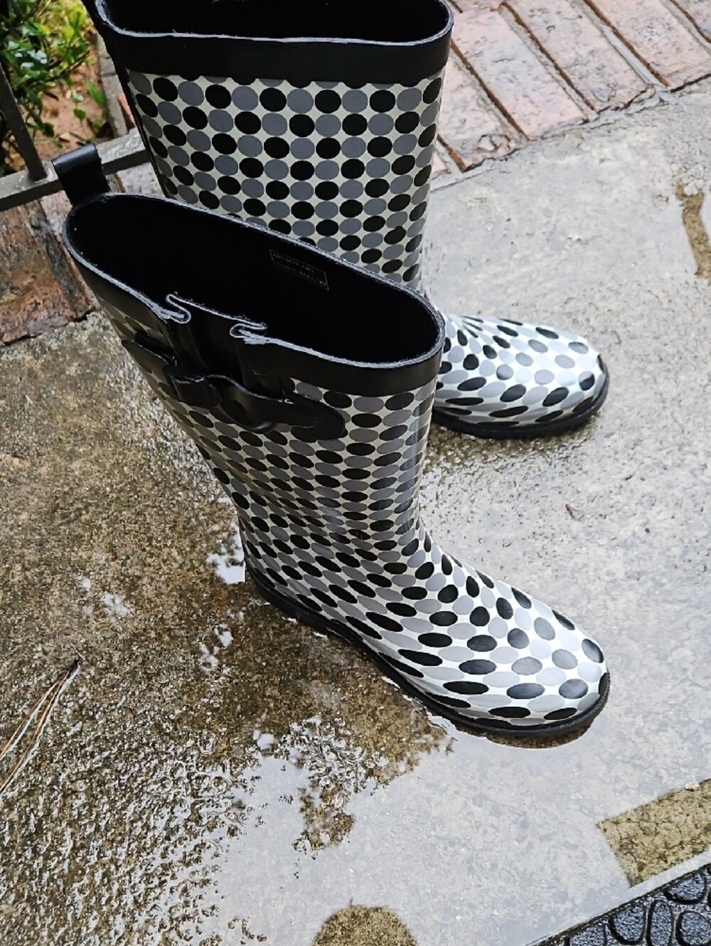 Capelli of New York Black Grey White Polka Dot Tall Rain Boots Size 12 - Picture 6 of 17